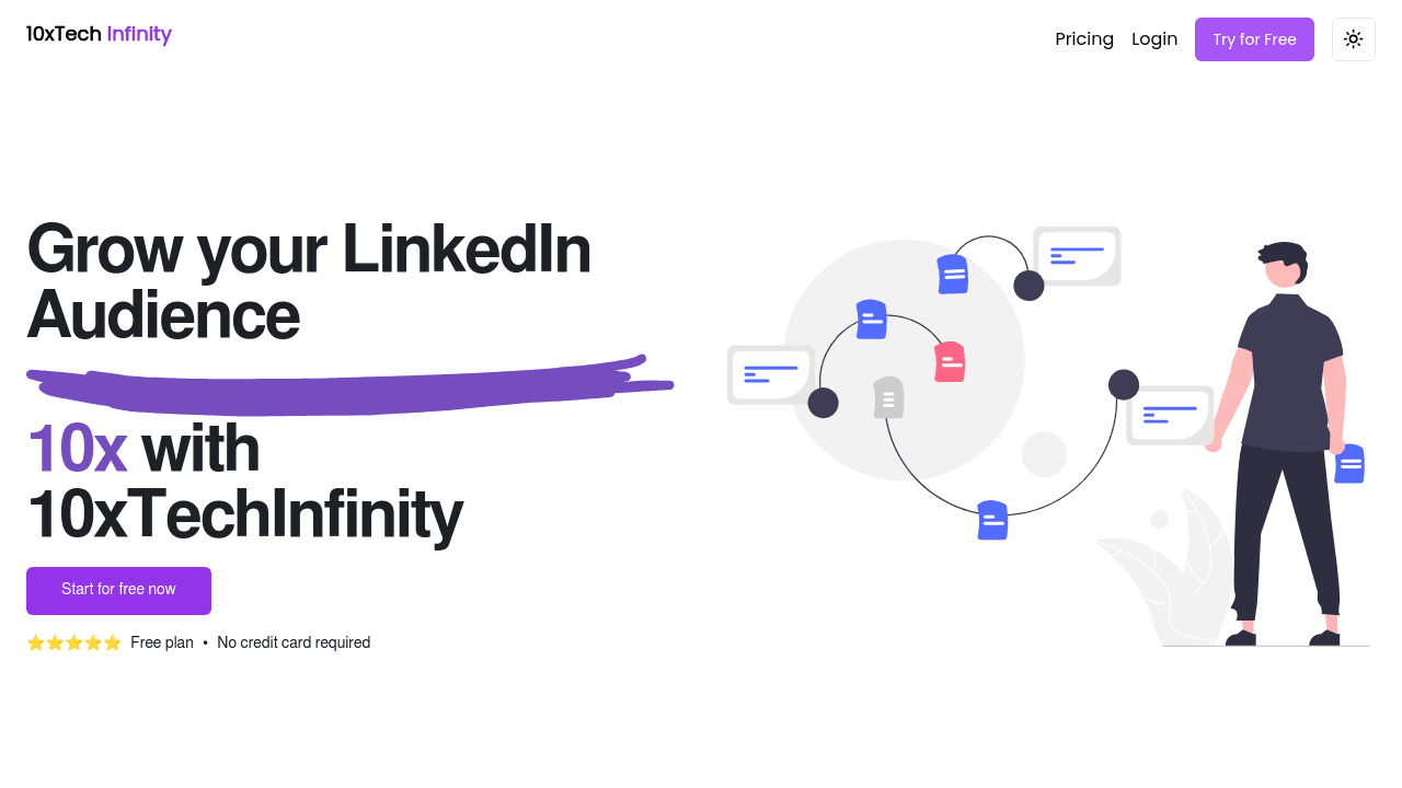 10x Tech Infinity interface screenshot showing main features and user interface