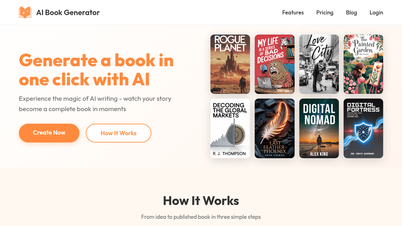AI Book Generator interface screenshot showing main features and user interface