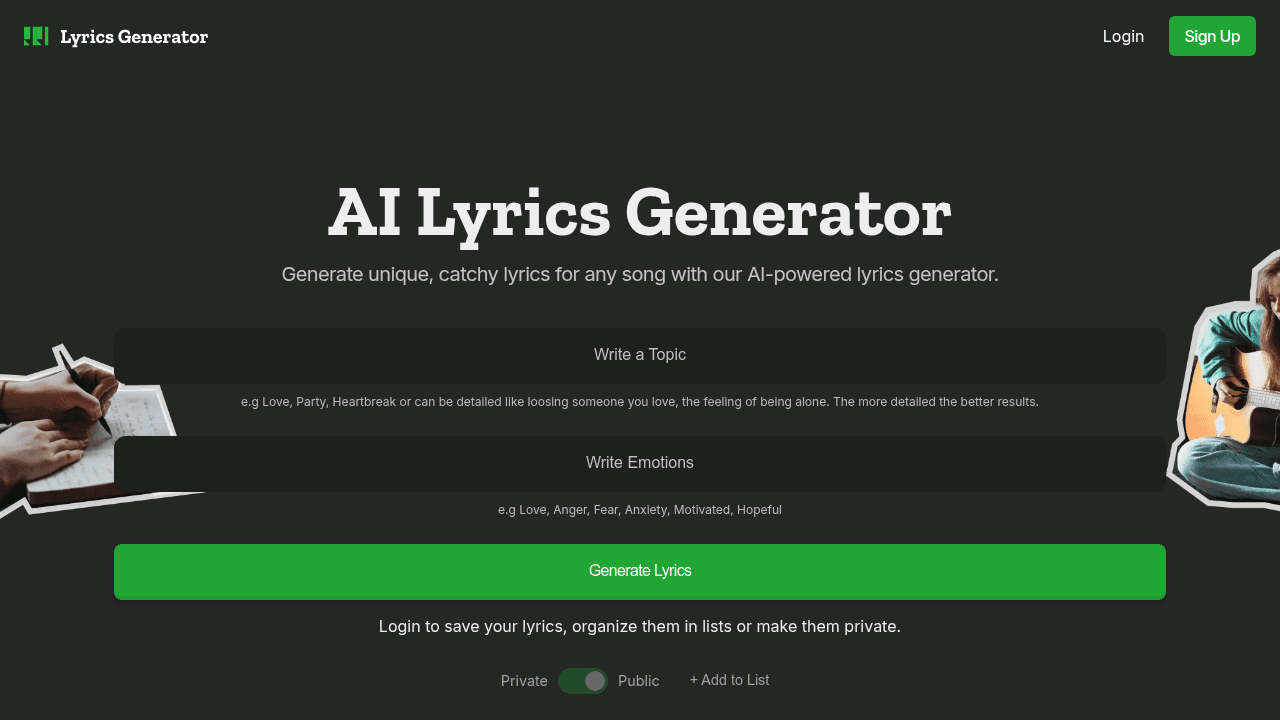 AI Lyrics Generator interface screenshot showing main features and user interface