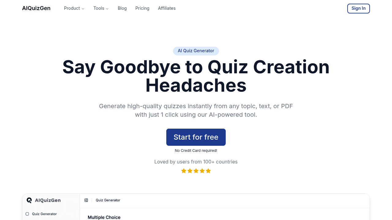 AIQuizGen interface screenshot showing main features and user interface