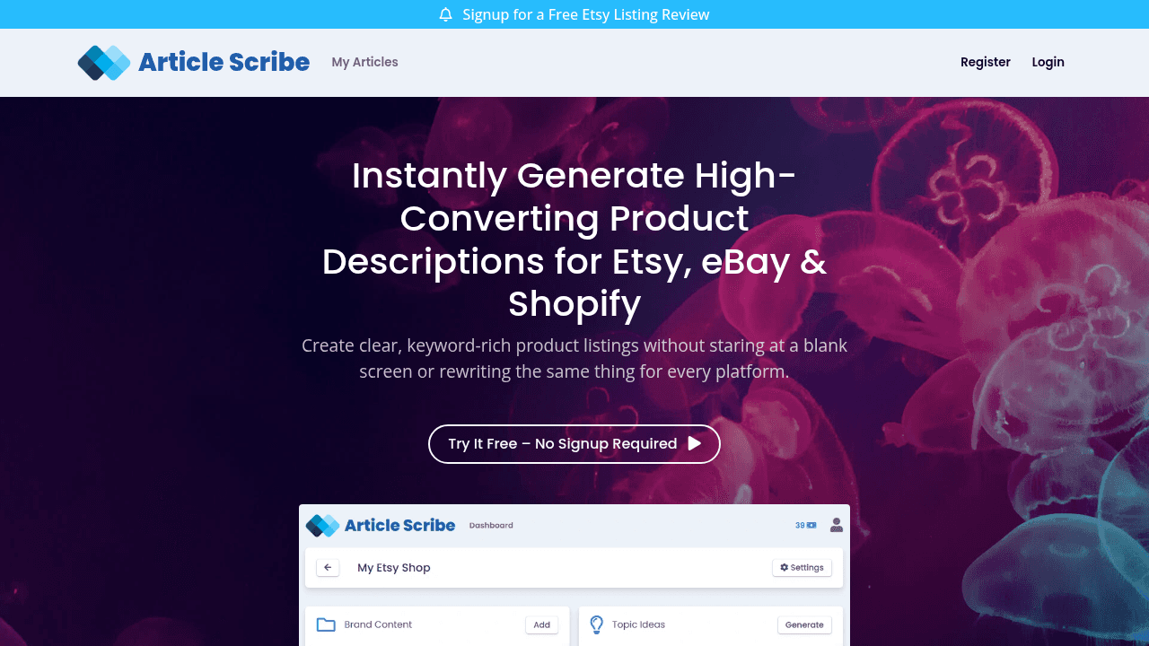 Article Scribe interface screenshot showing main features and user interface