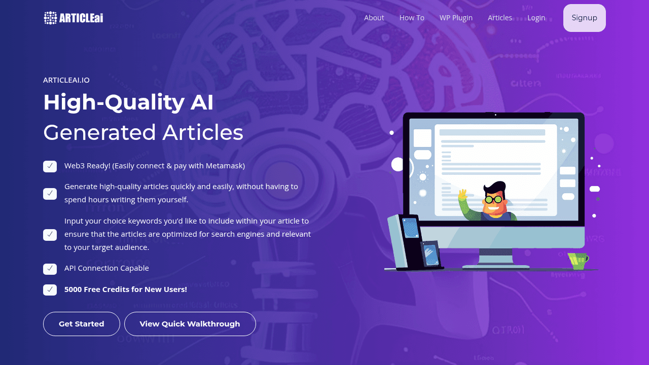 ArticleAI.io interface screenshot showing main features and user interface