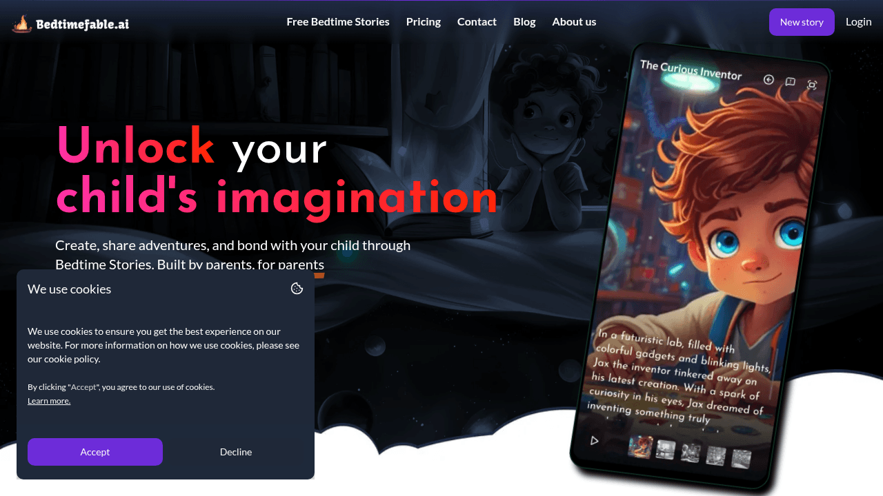 BedtimeFable.ai interface screenshot showing main features and user interface