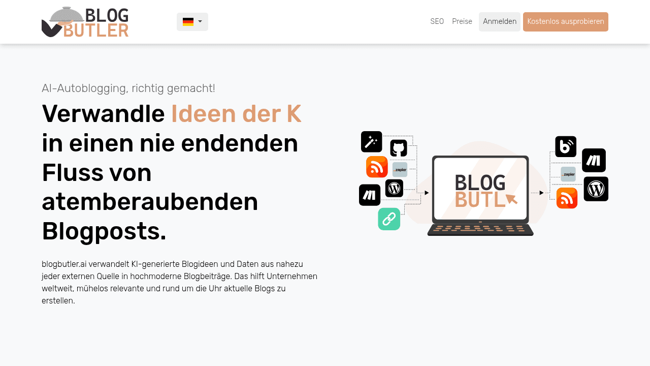 Blogbutler ai interface screenshot showing main features and user interface