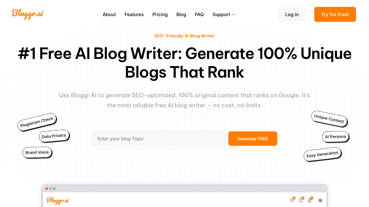 Bloggr AI interface screenshot showing main features and user interface