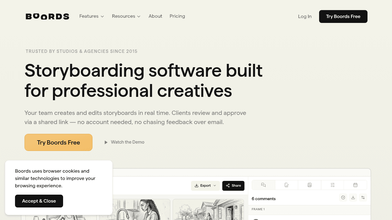 Boords interface screenshot showing main features and user interface