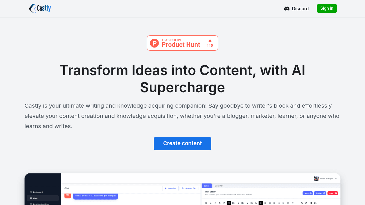 Castly interface screenshot showing main features and user interface