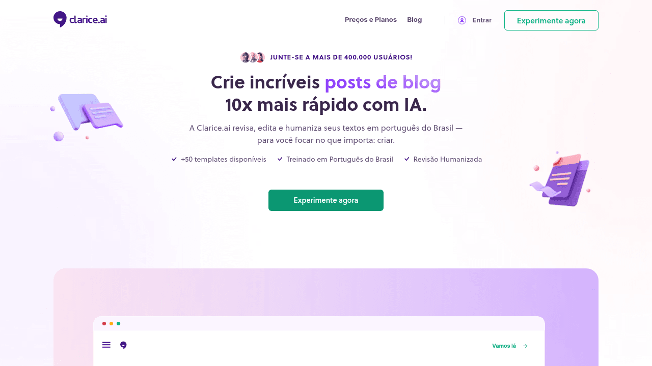 Clarice.ai interface screenshot showing main features and user interface