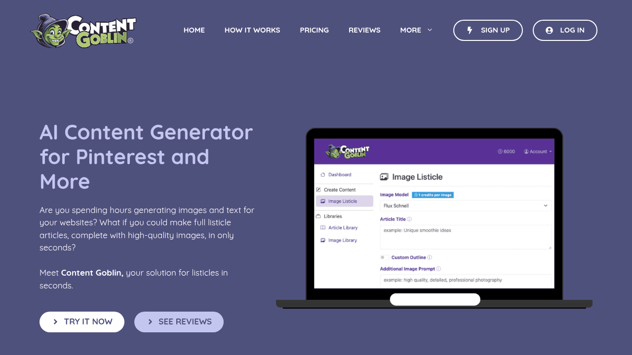 Content Goblin interface screenshot showing main features and user interface