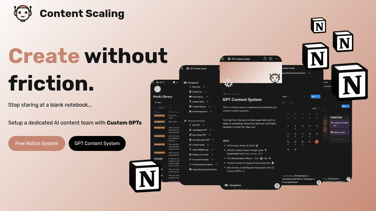 Content Scalling - Notion Content interface screenshot showing main features and user interface