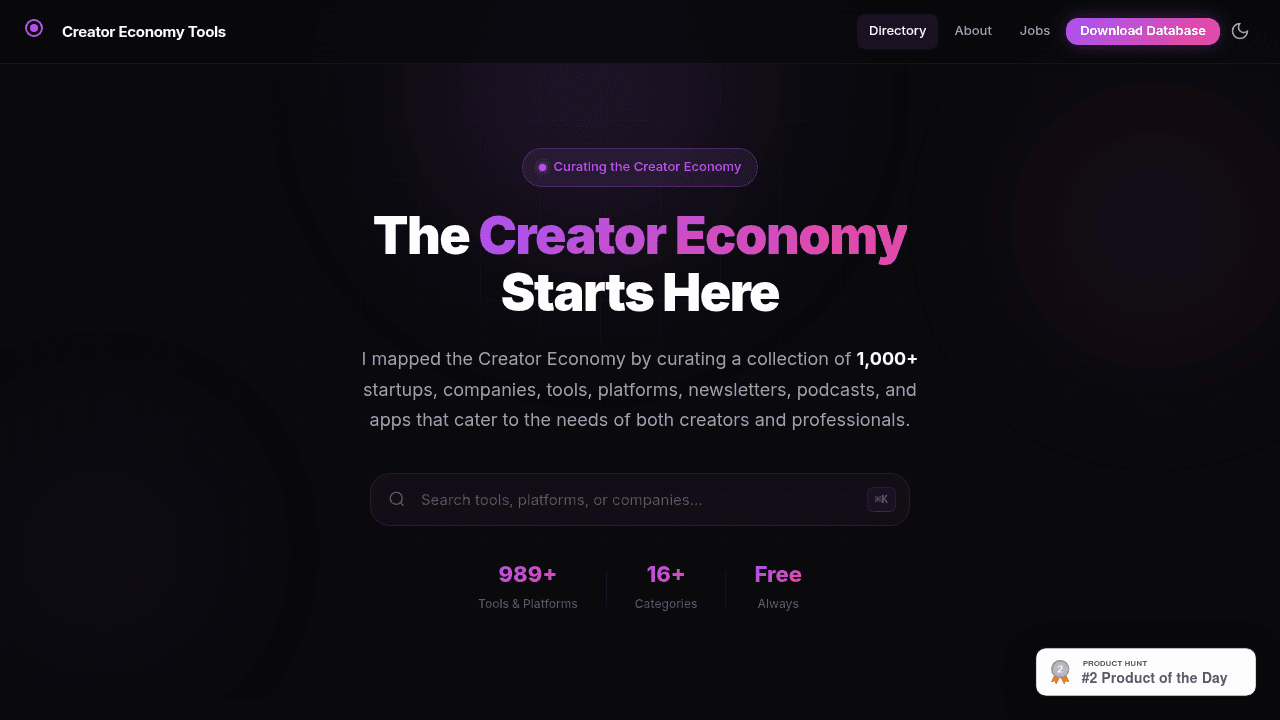 Creator Economy Tools interface screenshot showing main features and user interface