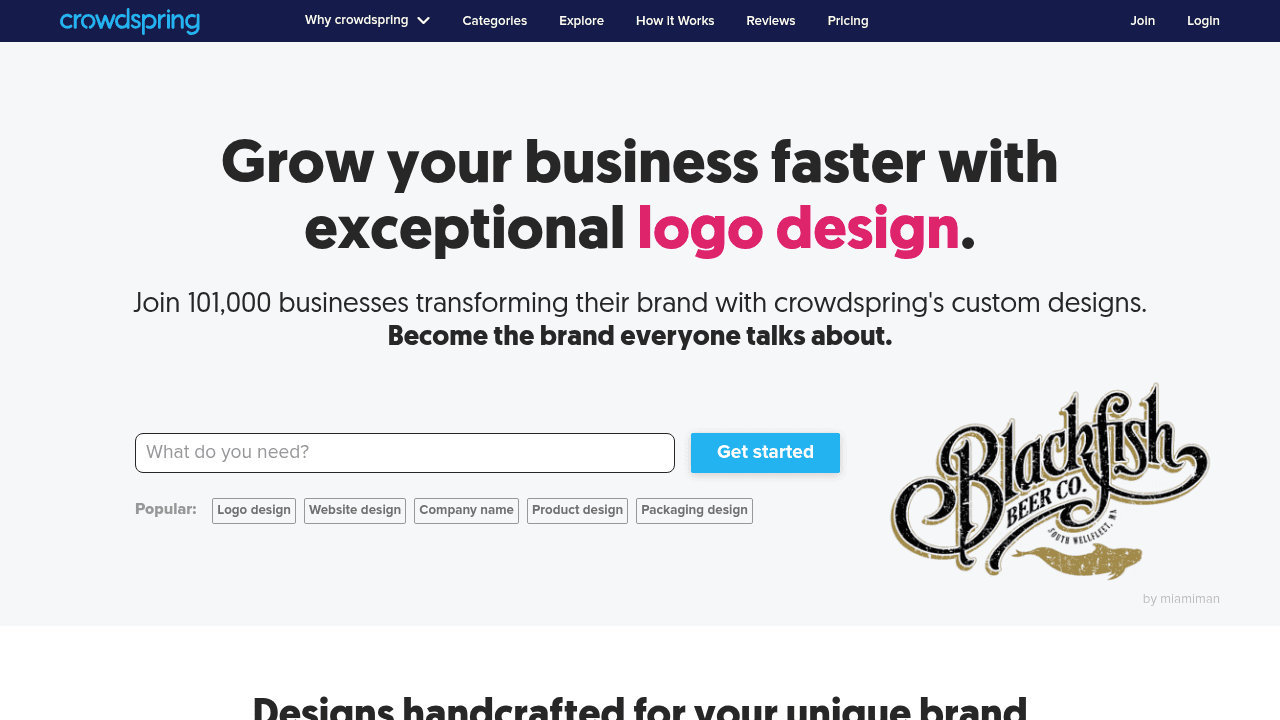 Crowdspring interface screenshot showing main features and user interface