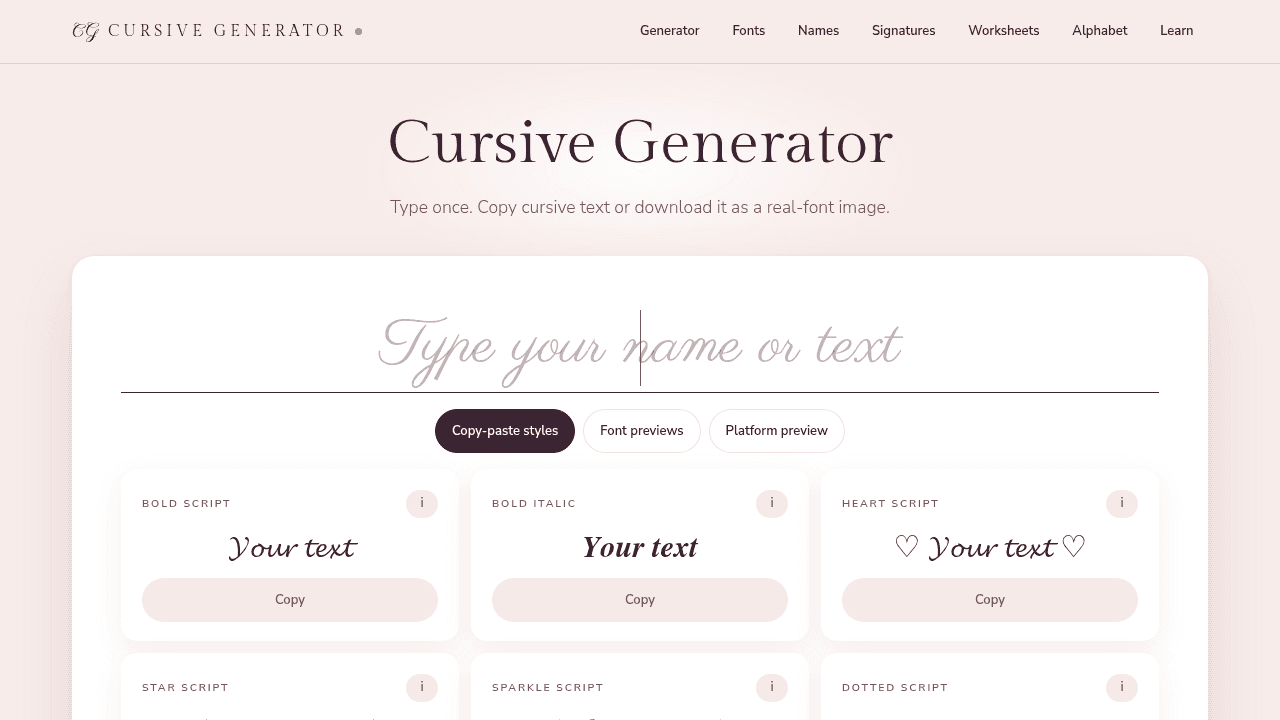 CursiveGenerator.com interface screenshot showing main features and user interface