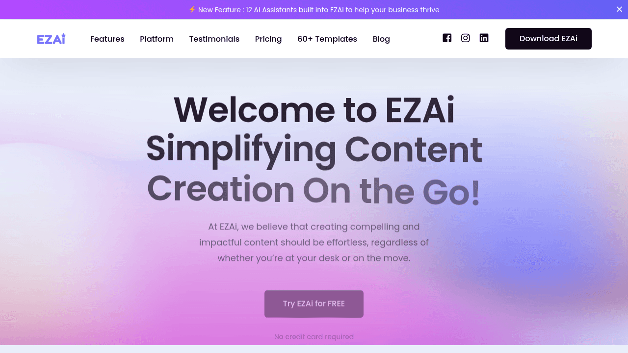 EZAi AI interface screenshot showing main features and user interface