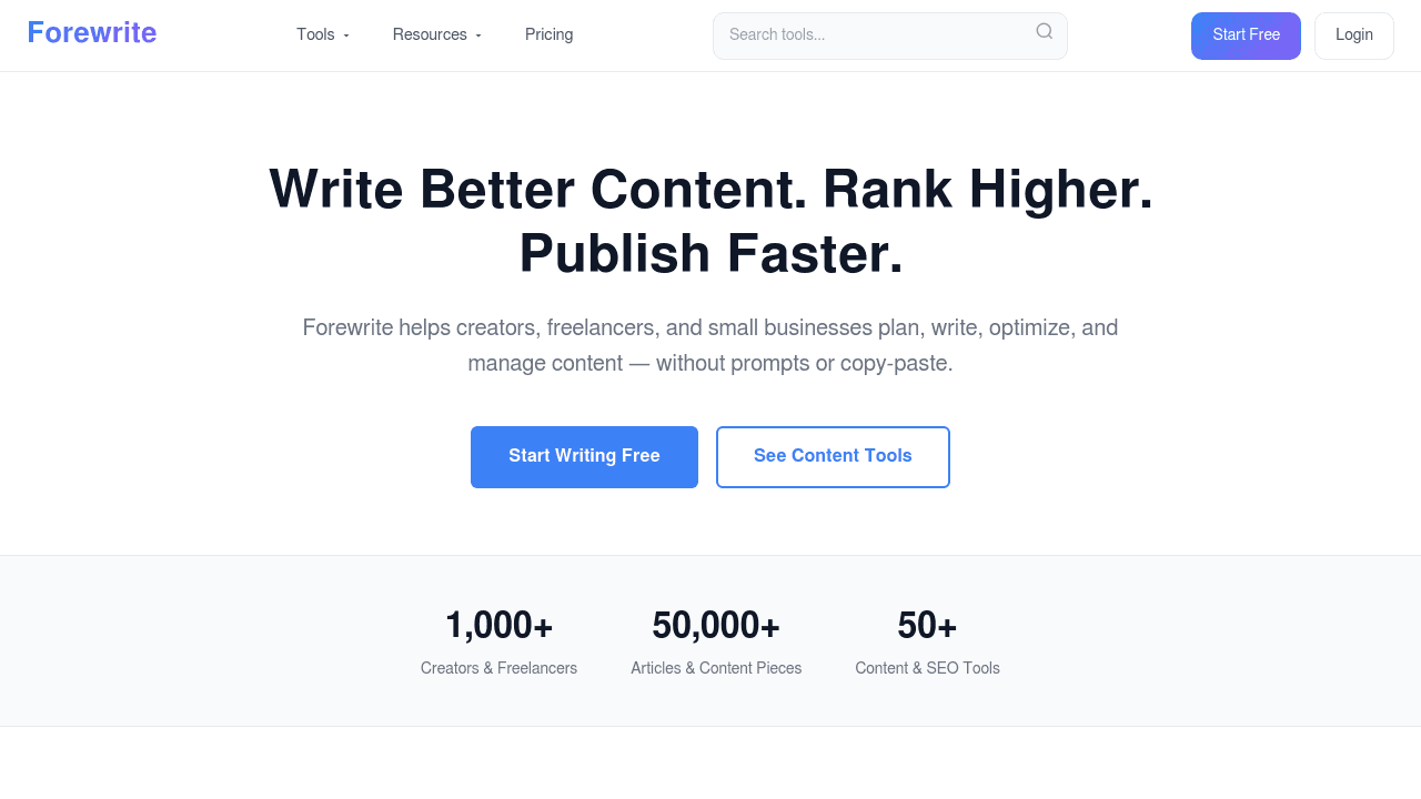 Forewrite interface screenshot showing main features and user interface