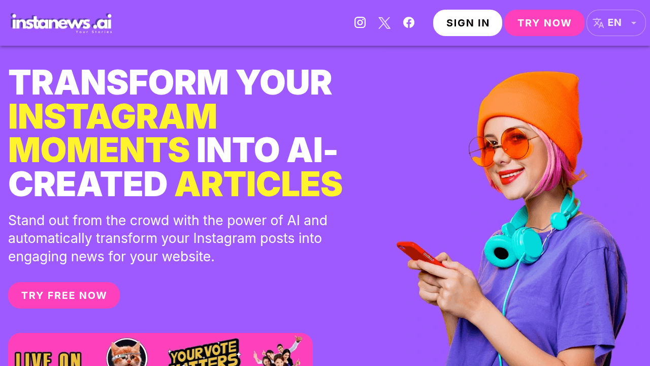 InstaNews.ai interface screenshot showing main features and user interface