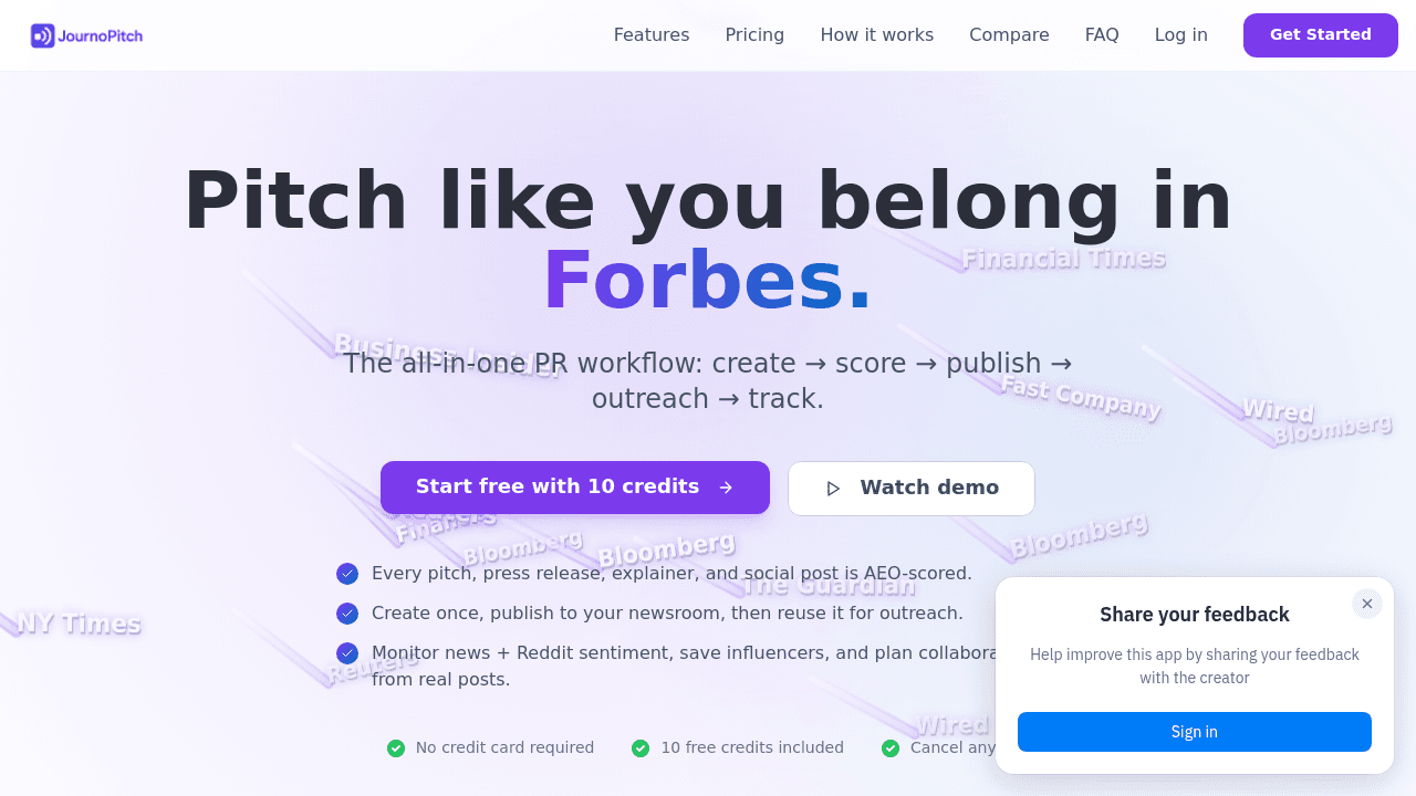 JournoPitch interface screenshot showing main features and user interface