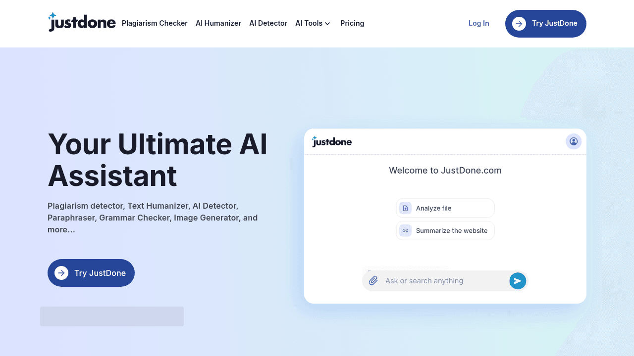 JustDone AI interface screenshot showing main features and user interface