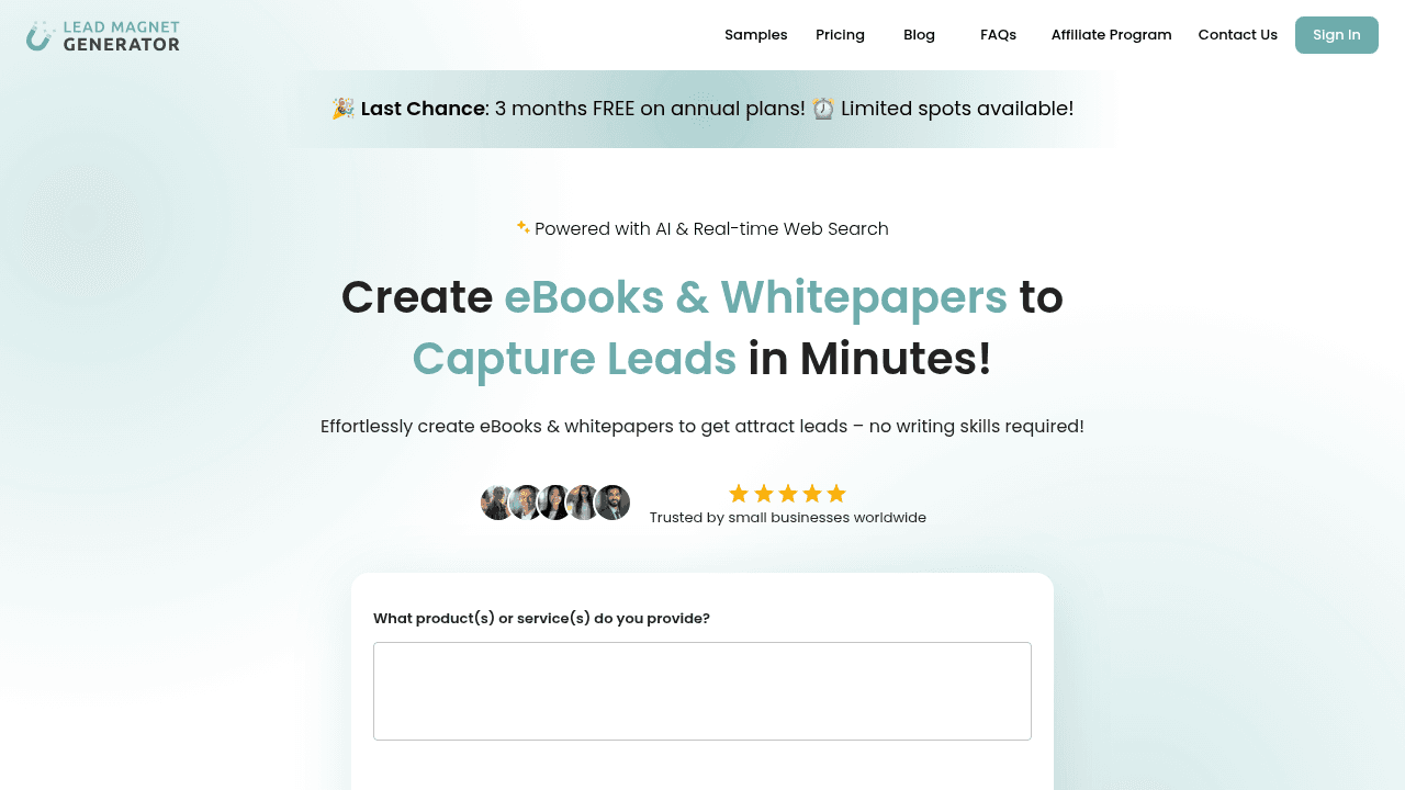 Lead Magnet Generator interface screenshot showing main features and user interface