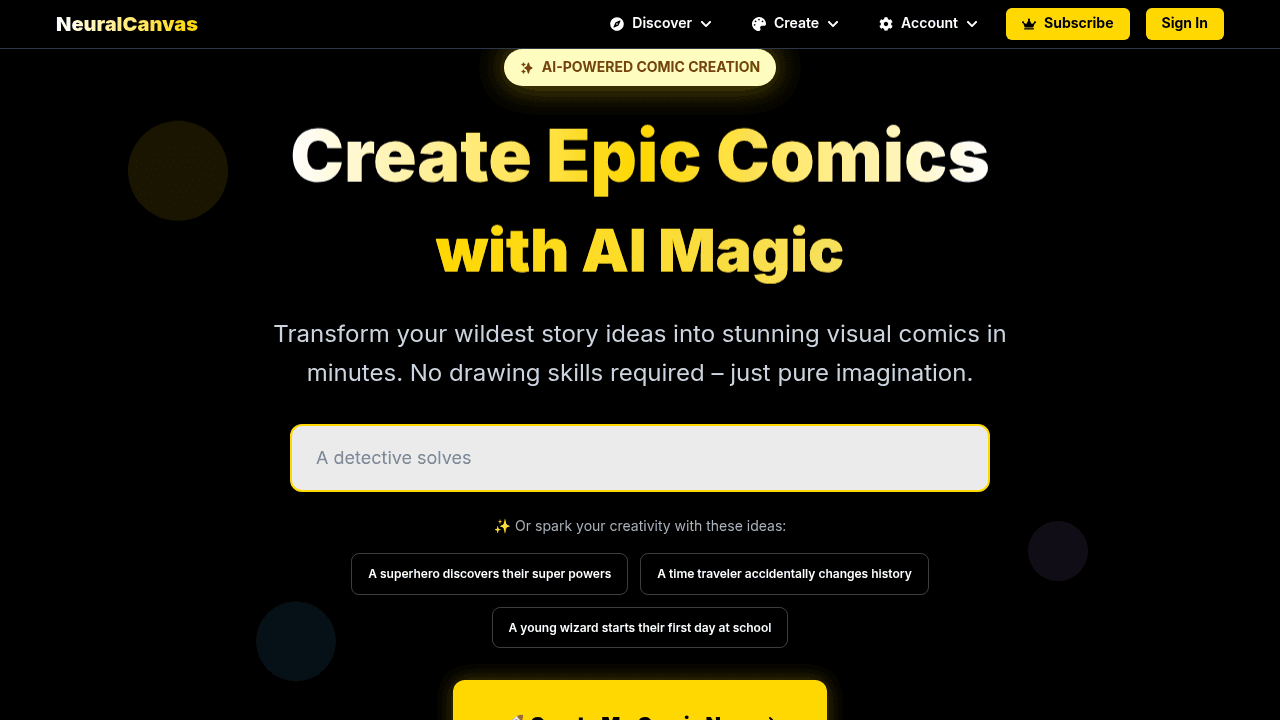 Neural Canvas interface screenshot showing main features and user interface