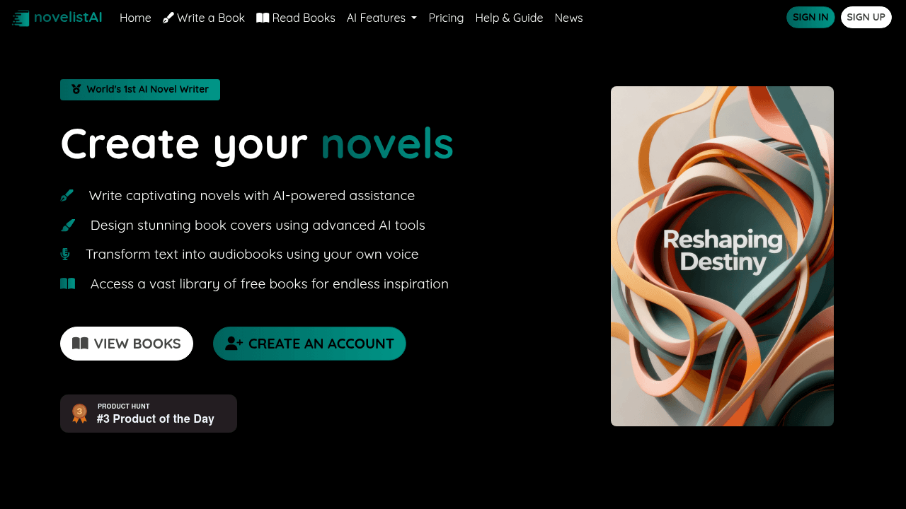 novelistAI interface screenshot showing main features and user interface
