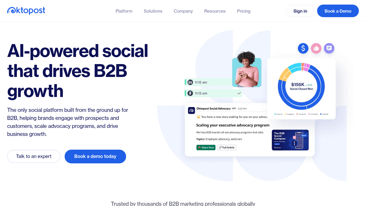 Oktopost interface screenshot showing main features and user interface