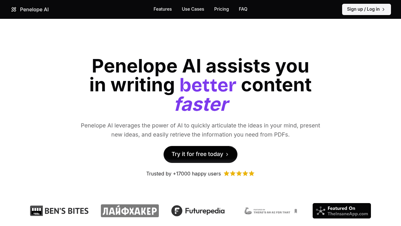 Penelope AI interface screenshot showing main features and user interface