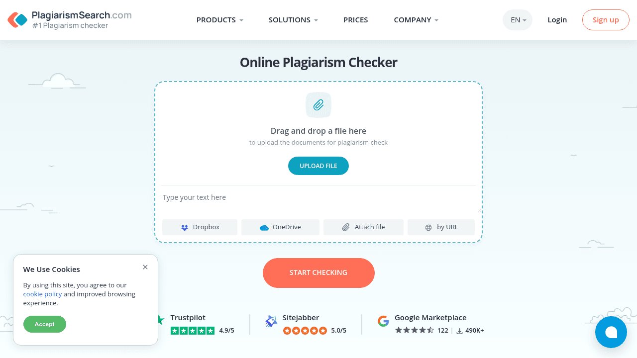 Plagiarismsearch.com interface screenshot showing main features and user interface