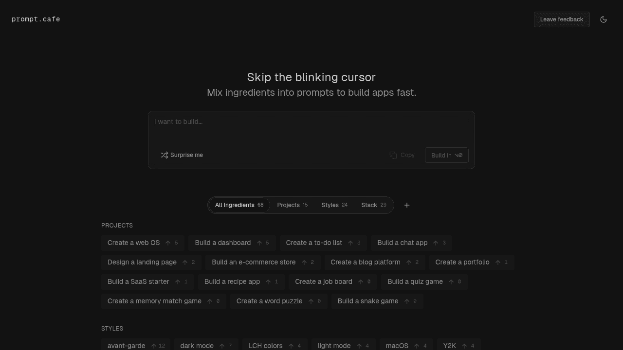 Prompt.Cafe interface screenshot showing main features and user interface