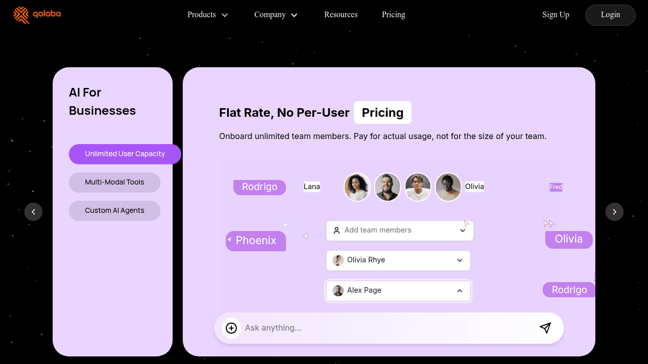 Qolaba AI interface screenshot showing main features and user interface