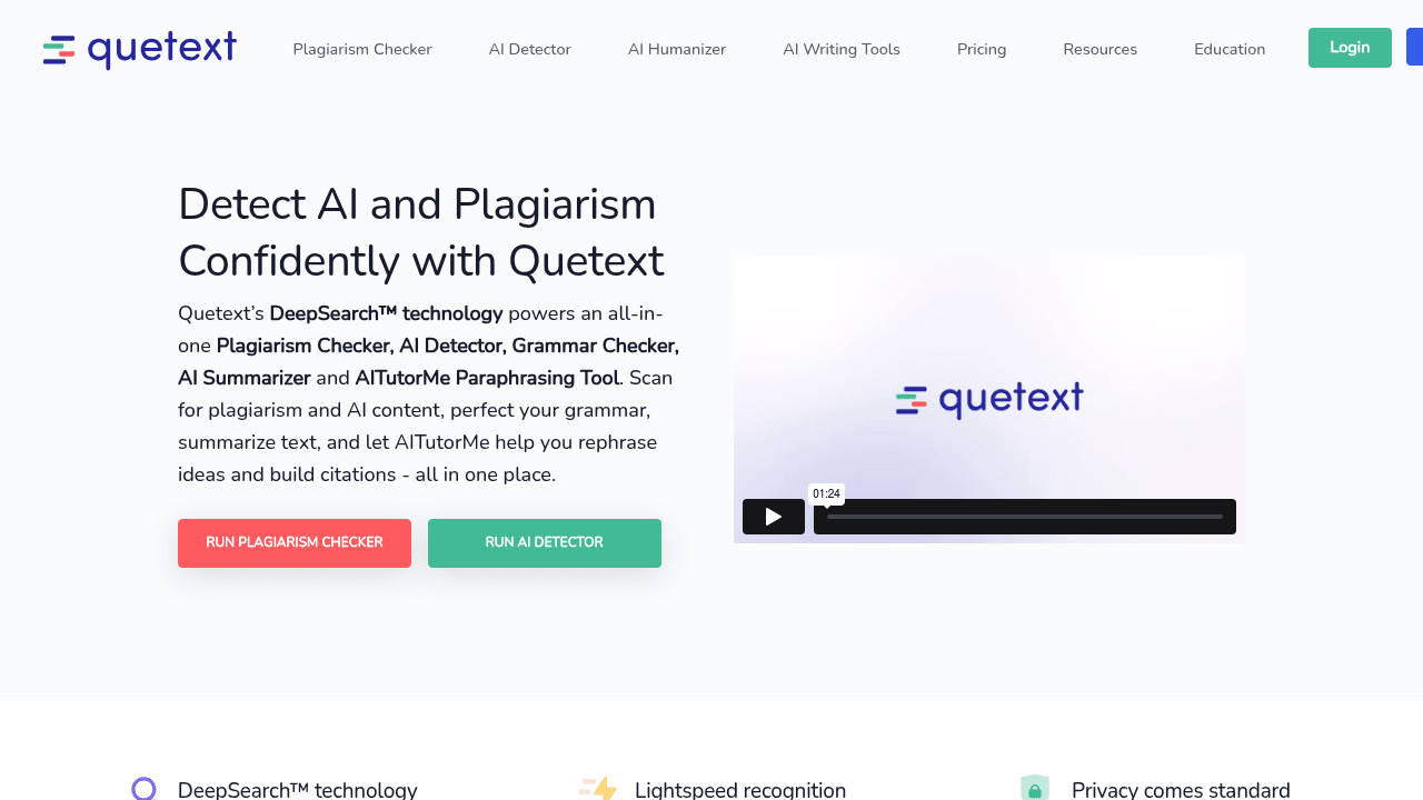 Quetext interface screenshot showing main features and user interface