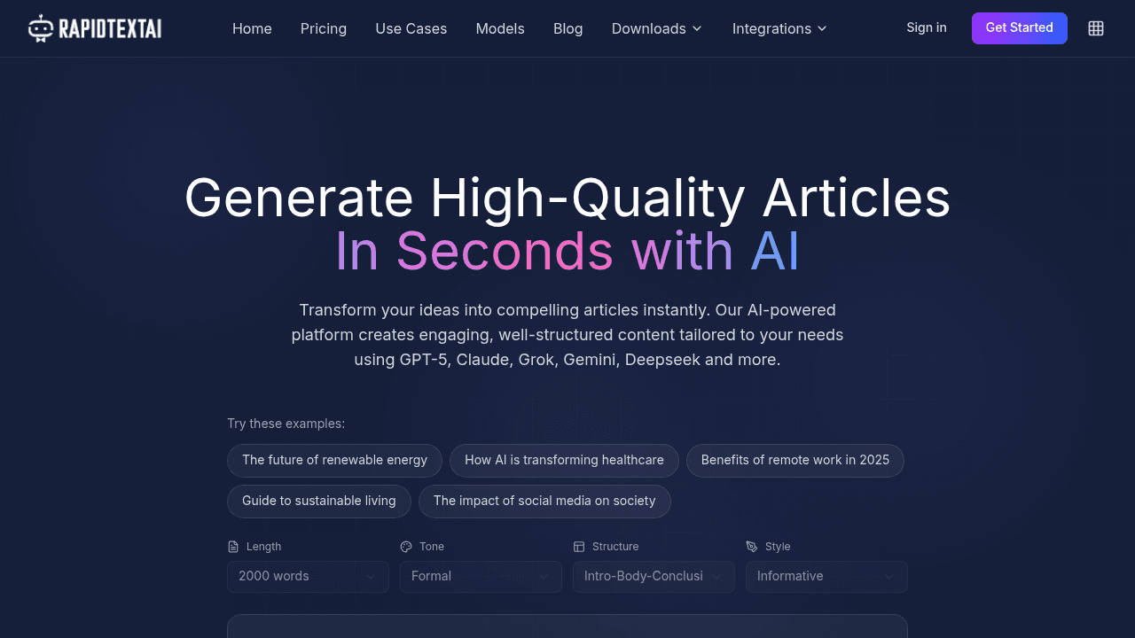 RapidTextAI interface screenshot showing main features and user interface