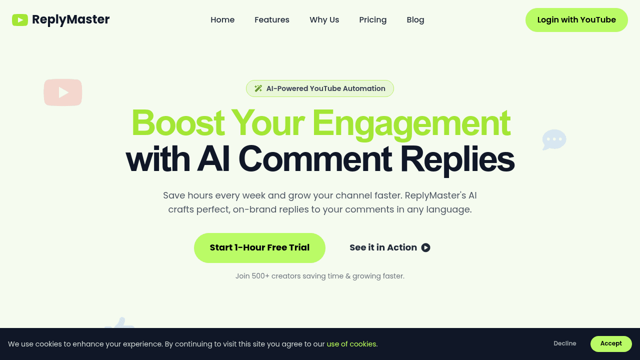 ReplyMaster interface screenshot showing main features and user interface