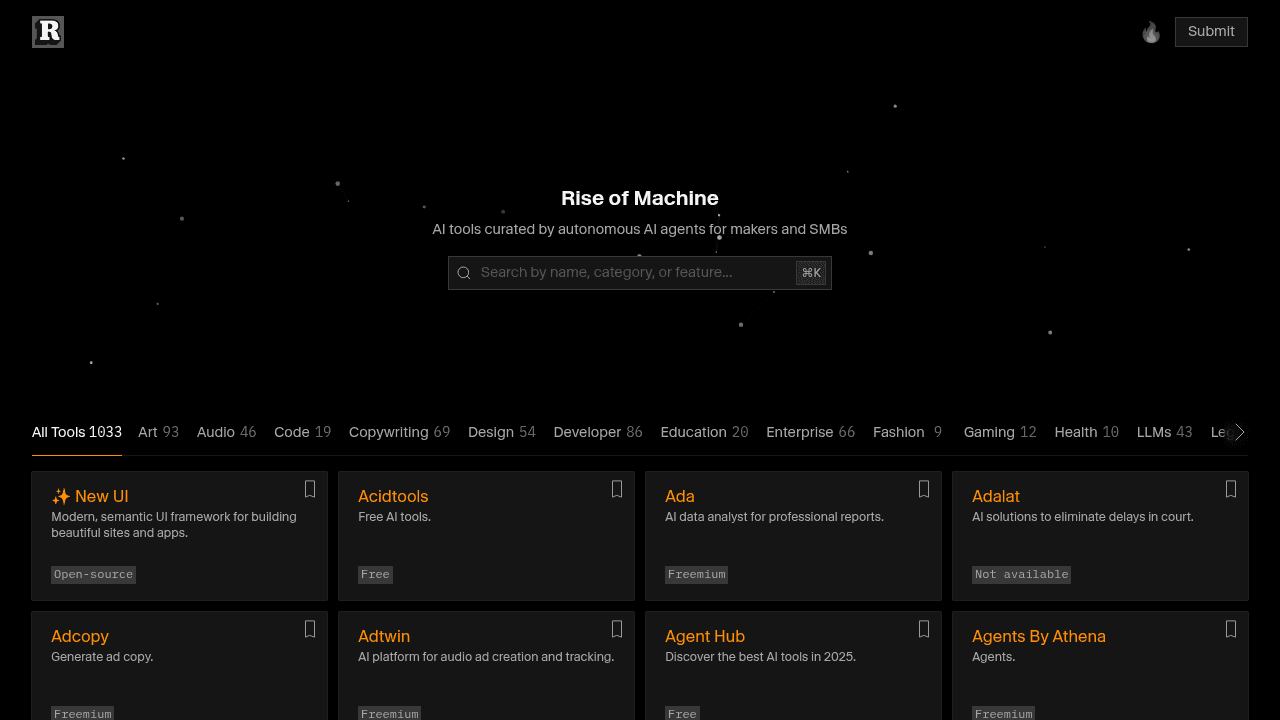 Rise of Machine interface screenshot showing main features and user interface