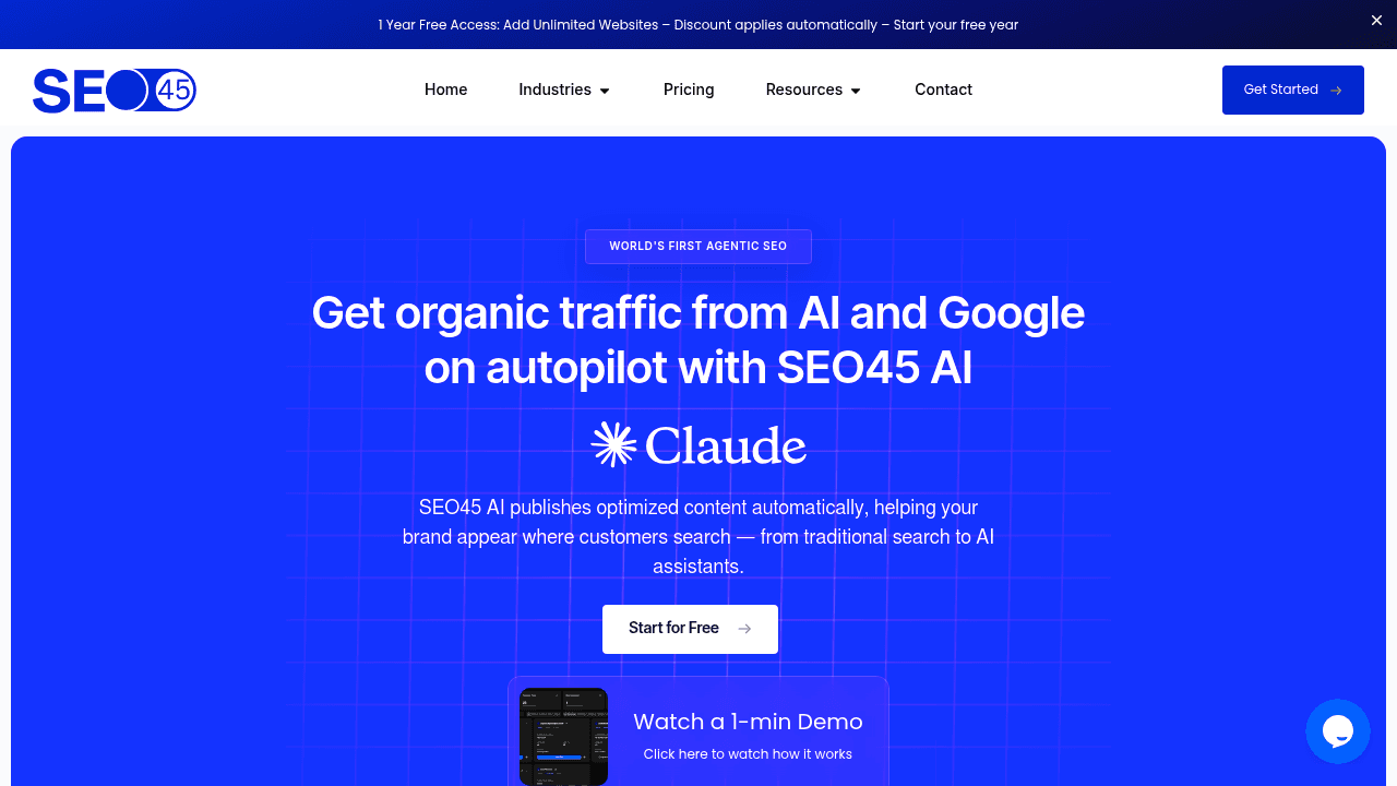 SEO45™ AI interface screenshot showing main features and user interface