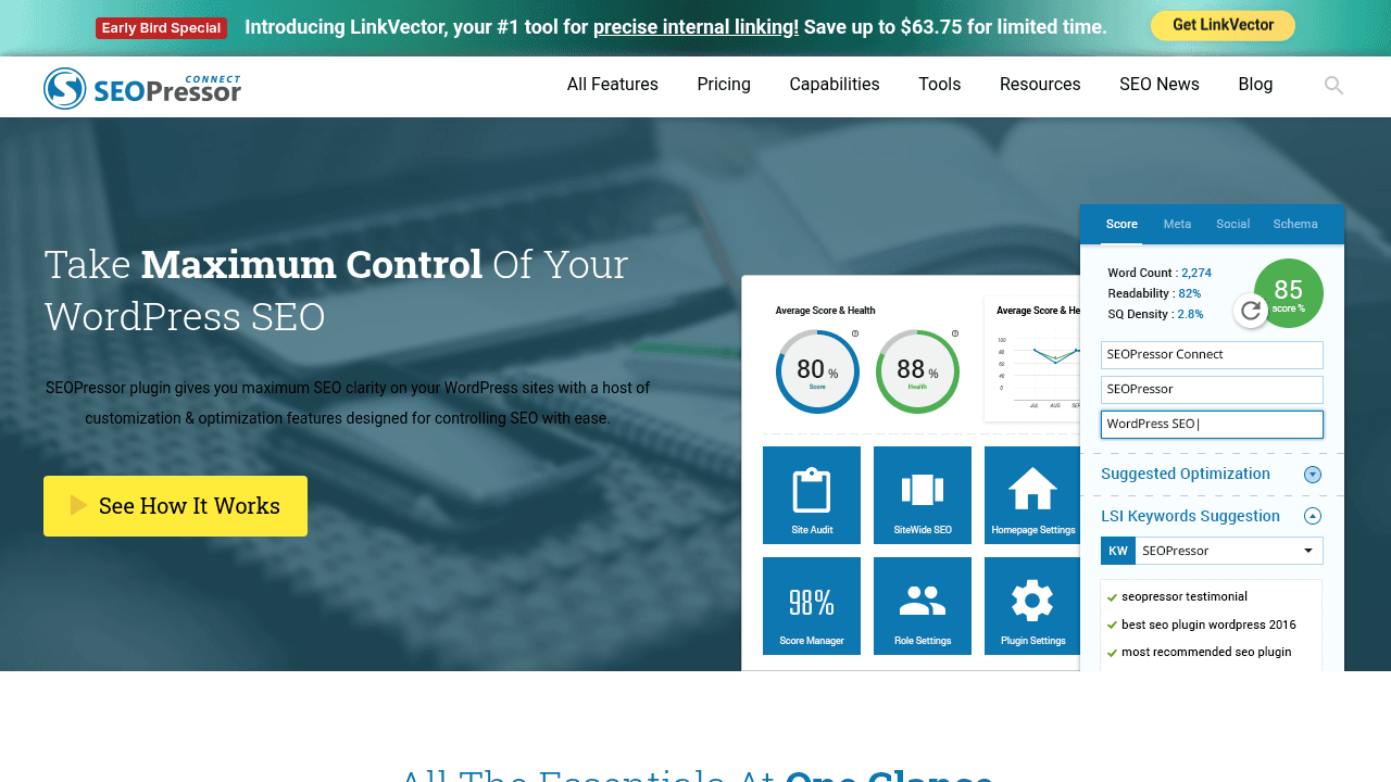Seopressor interface screenshot showing main features and user interface