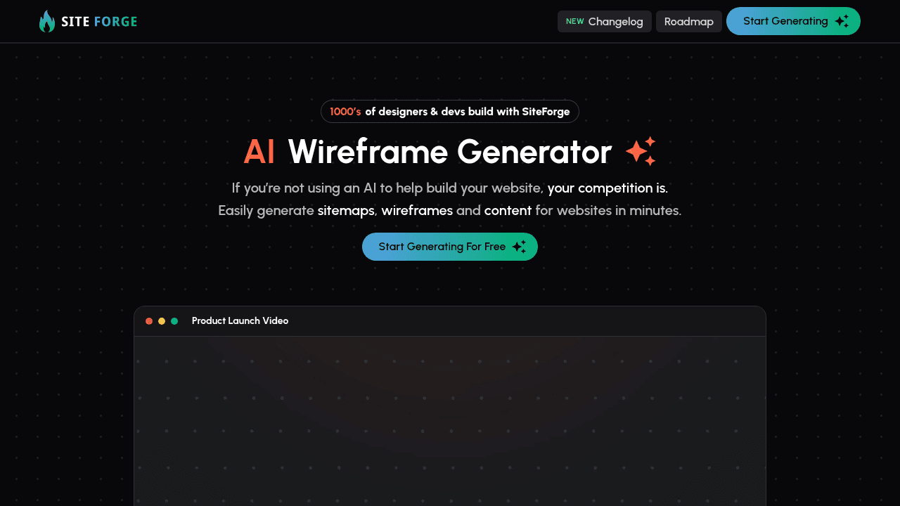 SiteForge interface screenshot showing main features and user interface