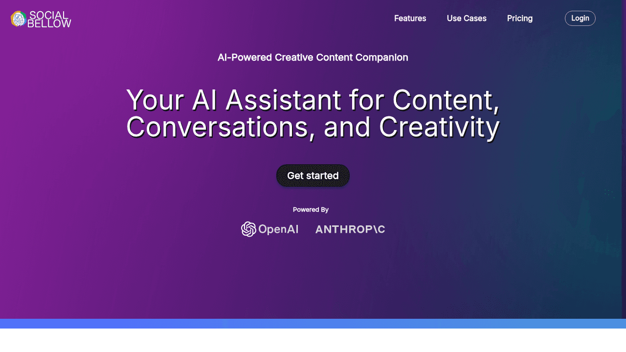 Social Bellow interface screenshot showing main features and user interface