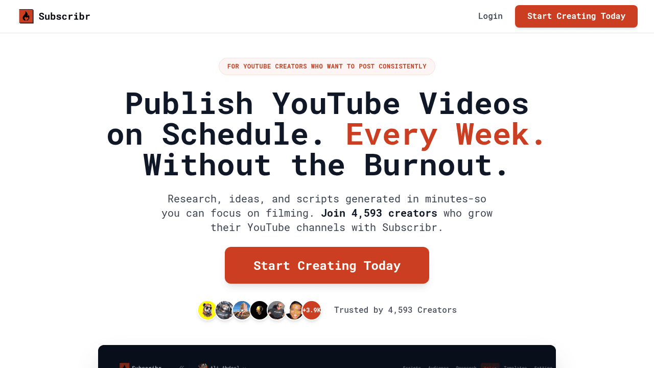 Subscribr interface screenshot showing main features and user interface