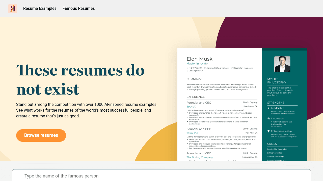 This Resume Does Not Exist interface screenshot showing main features and user interface