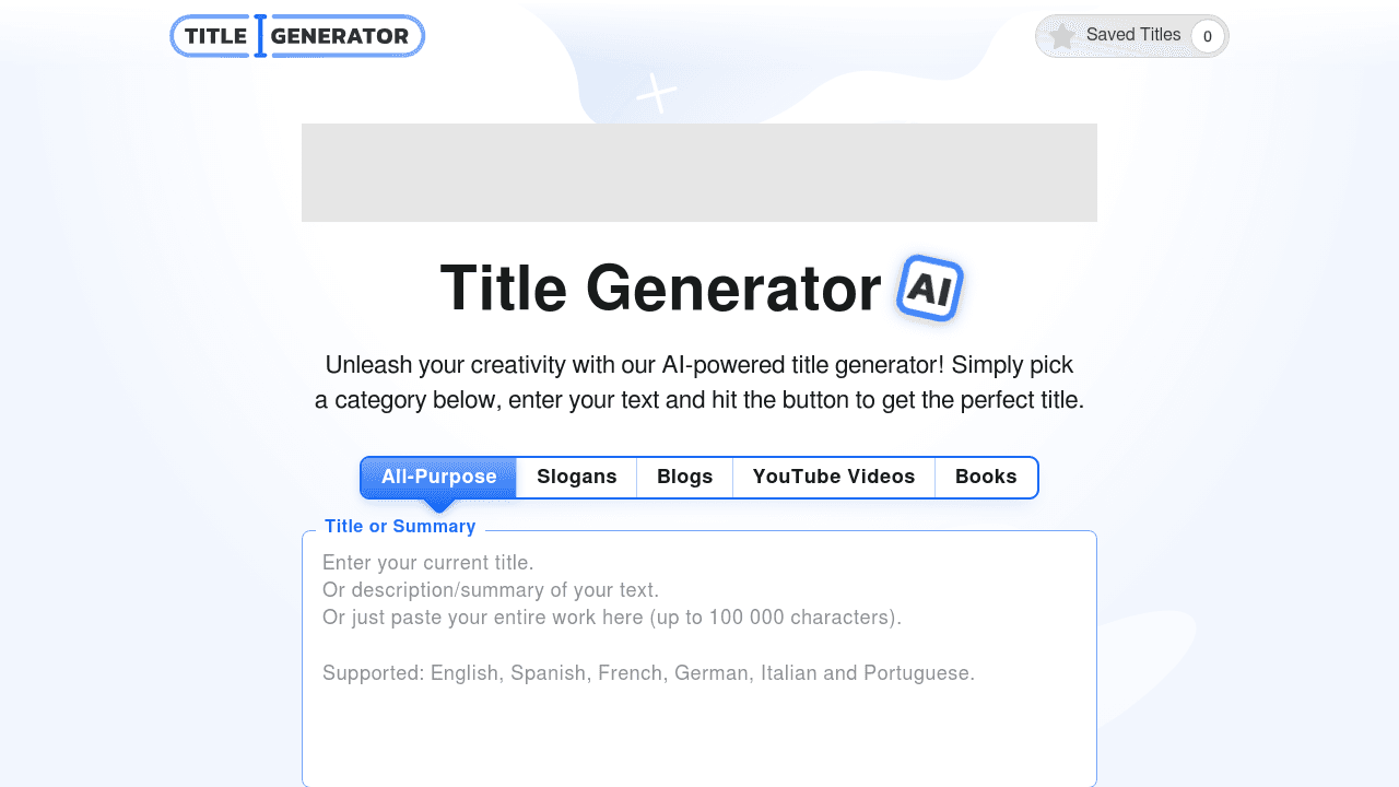 Title Generator interface screenshot showing main features and user interface