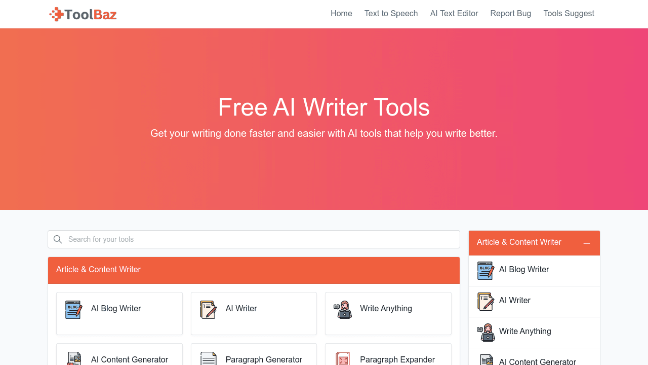 Toolbaz interface screenshot showing main features and user interface