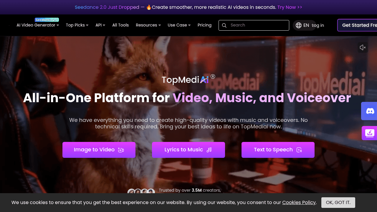 TopMediai® interface screenshot showing main features and user interface