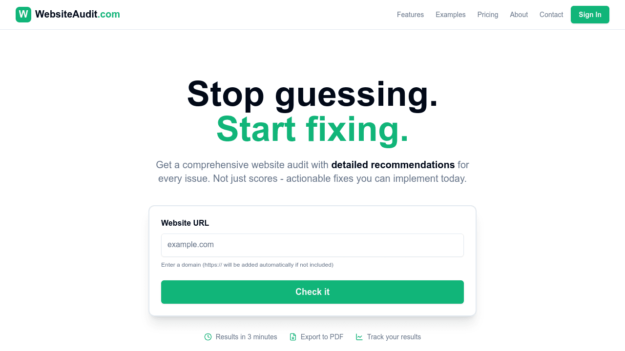 WebsiteAudit.com interface screenshot showing main features and user interface