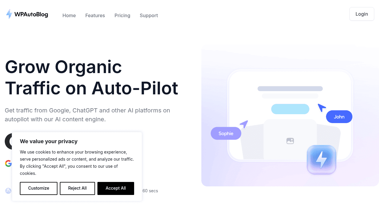 WPAutoBlog.com interface screenshot showing main features and user interface