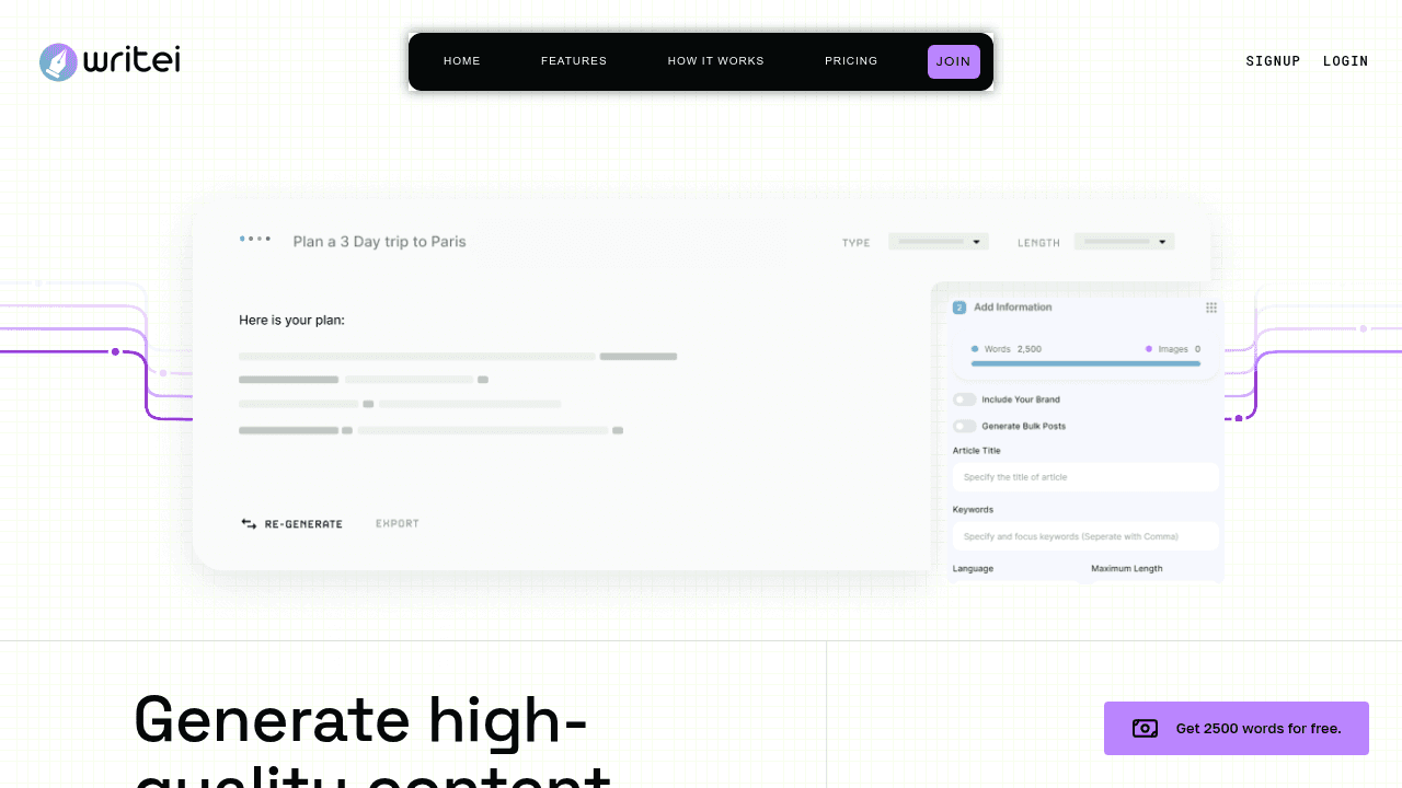 Writei interface screenshot showing main features and user interface