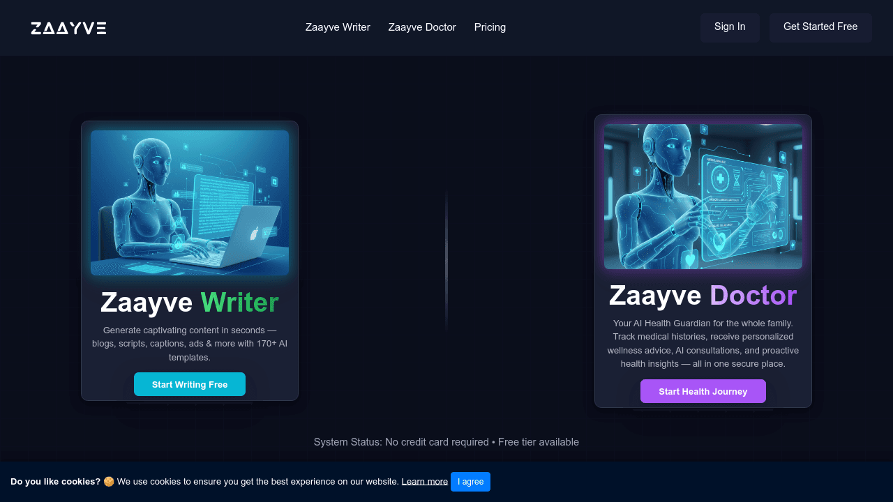 Zaayve AI interface screenshot showing main features and user interface