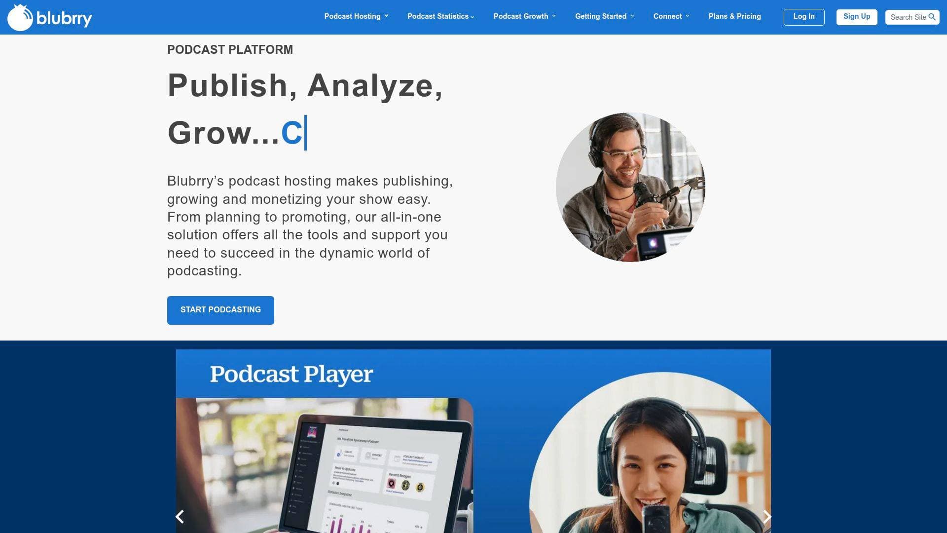 Blubrry interface screenshot showing main features and user interface