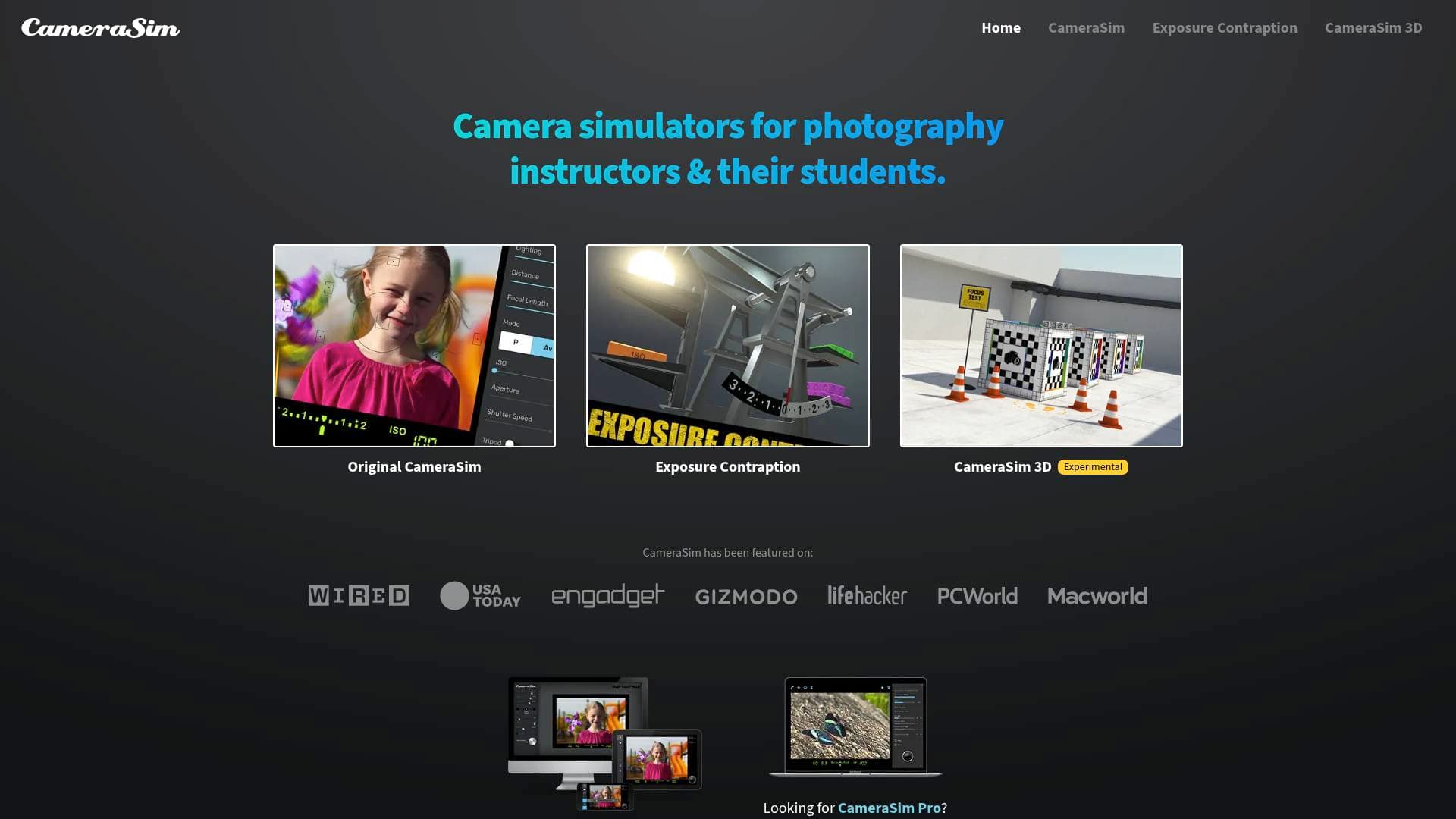 CameraSim interface screenshot showing main features and user interface