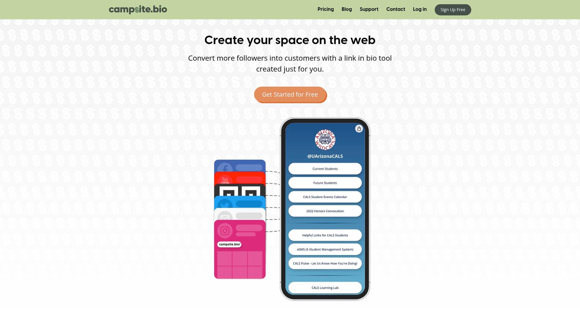 Campsite.bio interface screenshot showing main features and user interface
